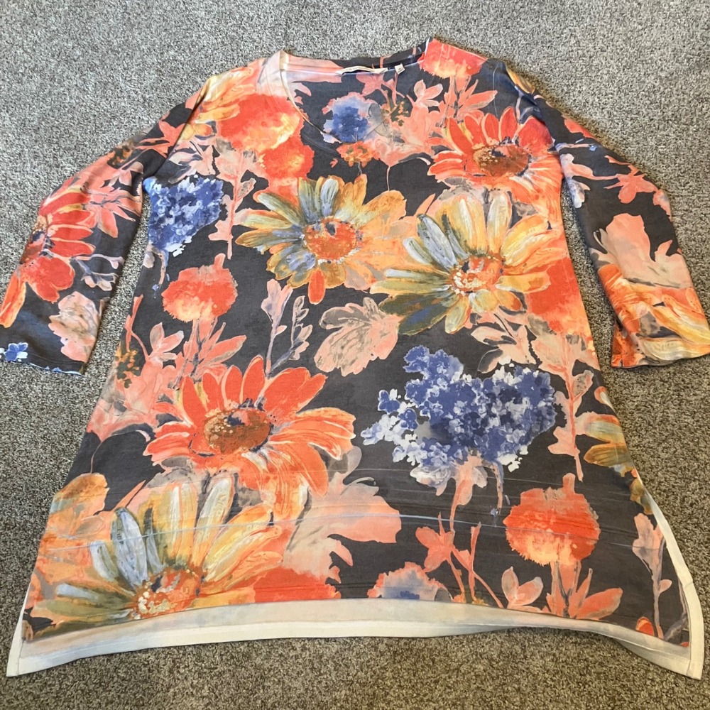 Soft Surroundings Floral V-Neck Tunic Top 3/4 Sleeve Orange Blue M Watercolor